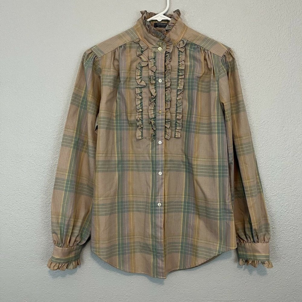 Hathaway Vintage 1980's Pink Plaid Prairie Blouse w Ruffled Details Size 12